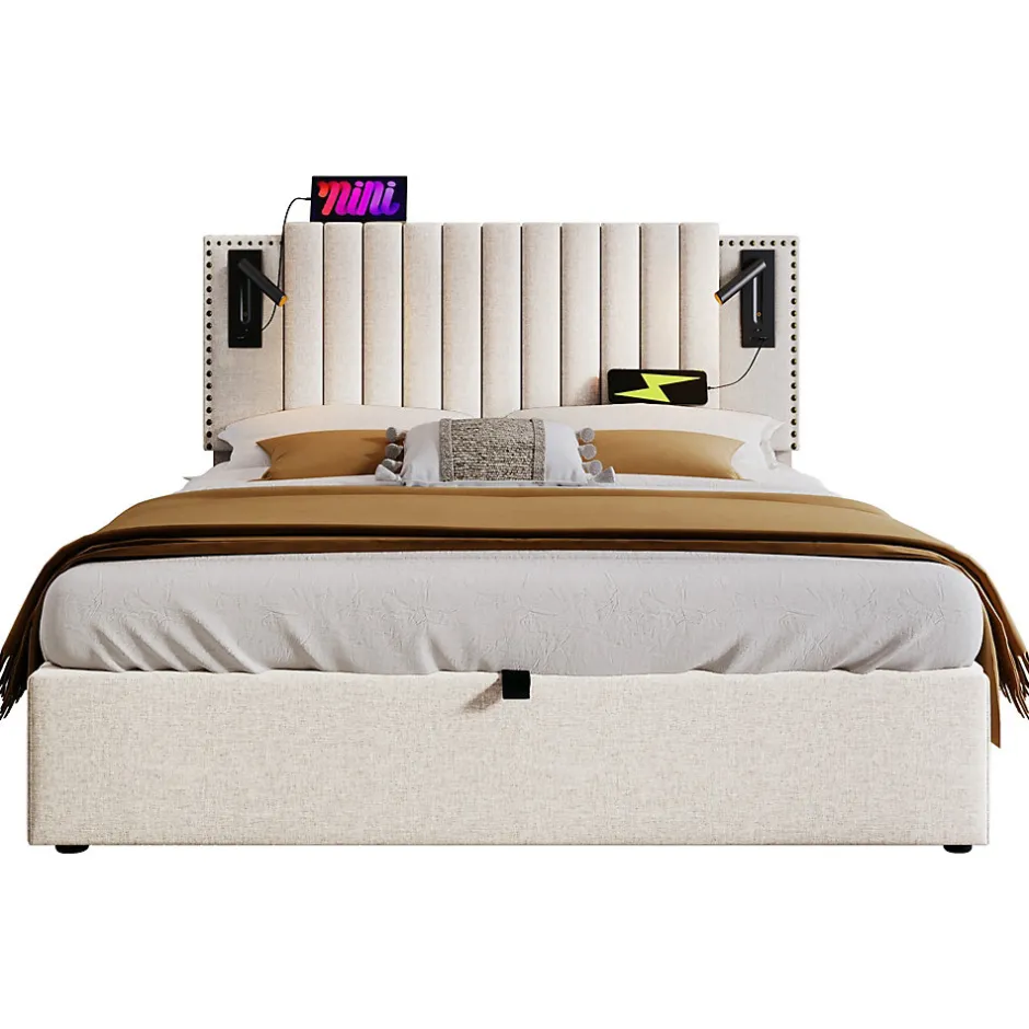 Redom Lit 160x200 cm avec rangement et tête de lit réglable en tissu beige riveté, lampe de lecture et ports USB