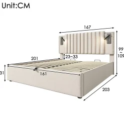 Redom Lit 160x200 cm avec rangement et tête de lit réglable en tissu beige riveté, lampe de lecture et ports USB