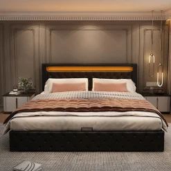 Redom Lit 140x200 cm avec rangement et tête de lit rembourrée, éclairage LED réglable, revêtement PU noir