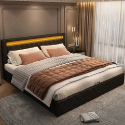 Redom Lit 140x200 cm avec rangement et tête de lit rembourrée, éclairage LED réglable, revêtement PU noir