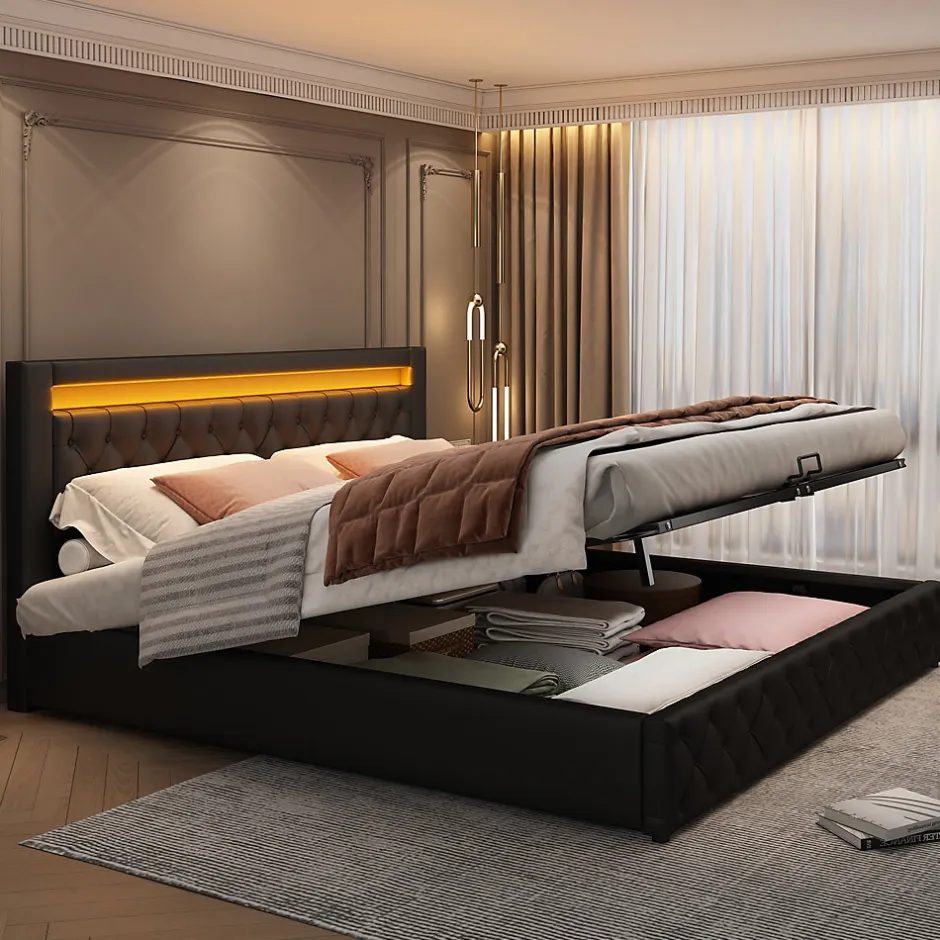 Redom Lit 140x200 cm avec rangement et tête de lit rembourrée, éclairage LED réglable, revêtement PU noir