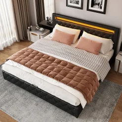 Redom Lit 140x200 cm avec rangement et tête de lit rembourrée, éclairage LED réglable, revêtement PU noir