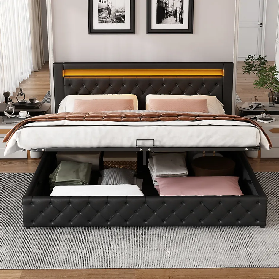 Redom Lit 140x200 cm avec rangement et tête de lit rembourrée, éclairage LED réglable, revêtement PU noir