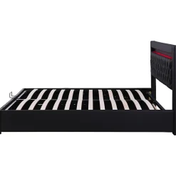 Redom Lit 140x200 cm avec rangement et tête de lit rembourrée, éclairage LED réglable, revêtement PU noir