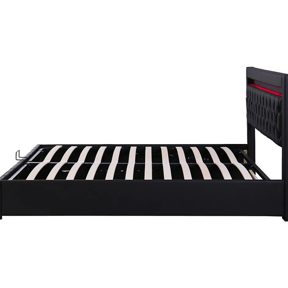 Redom Lit 140x200 cm avec rangement et tête de lit rembourrée, éclairage LED réglable, revêtement PU noir