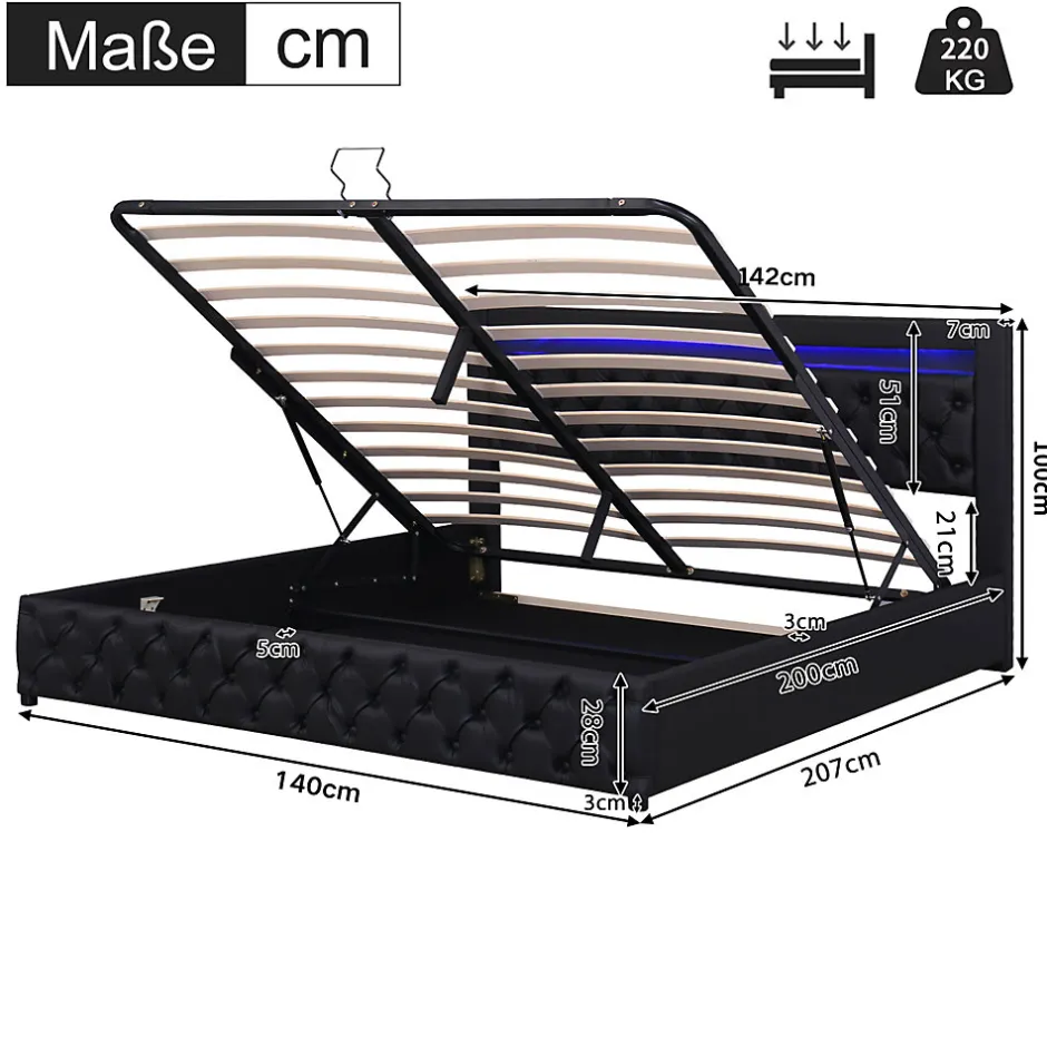 Redom Lit 140x200 cm avec rangement et tête de lit rembourrée, éclairage LED réglable, revêtement PU noir