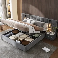 Redom Lit 160x200 cm avec rangement hydraulique et tête de lit capitonnée en velours gris, cadre acier robuste Clearance