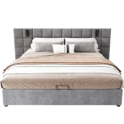 Redom Lit 160x200 cm avec rangement hydraulique et tête de lit capitonnée en velours gris, cadre acier robuste Clearance