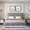 Redom Lit 140x200 cm avec rangement hydraulique et éclairage LED, tapissé simili cuir gris, cadre métal robuste New