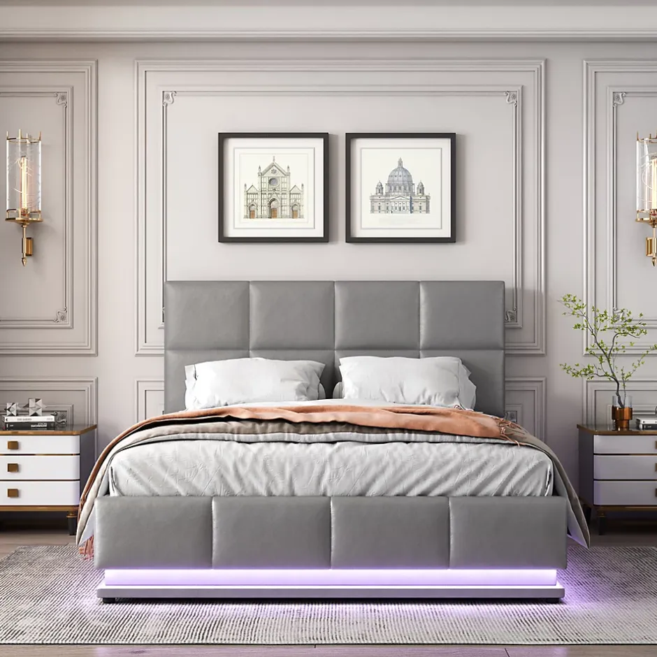 Redom Lit 140x200 cm avec rangement hydraulique et éclairage LED, tapissé simili cuir gris, cadre métal robuste New