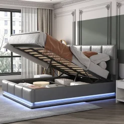 Redom Lit 140x200 cm avec rangement hydraulique et éclairage LED, tapissé simili cuir gris, cadre métal robuste New