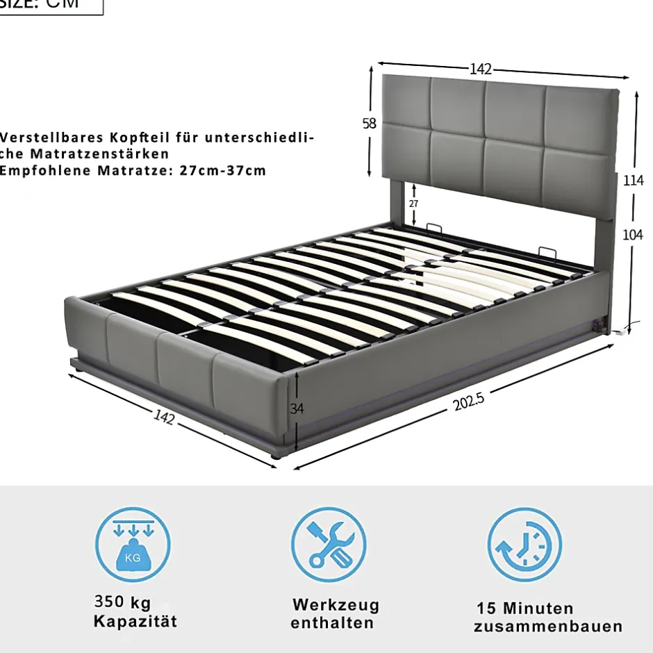 Redom Lit 140x200 cm avec rangement hydraulique et éclairage LED, tapissé simili cuir gris, cadre métal robuste New