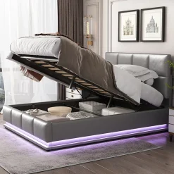 Redom Lit 140x200 cm avec rangement hydraulique et éclairage LED, tapissé simili cuir gris, cadre métal robuste New