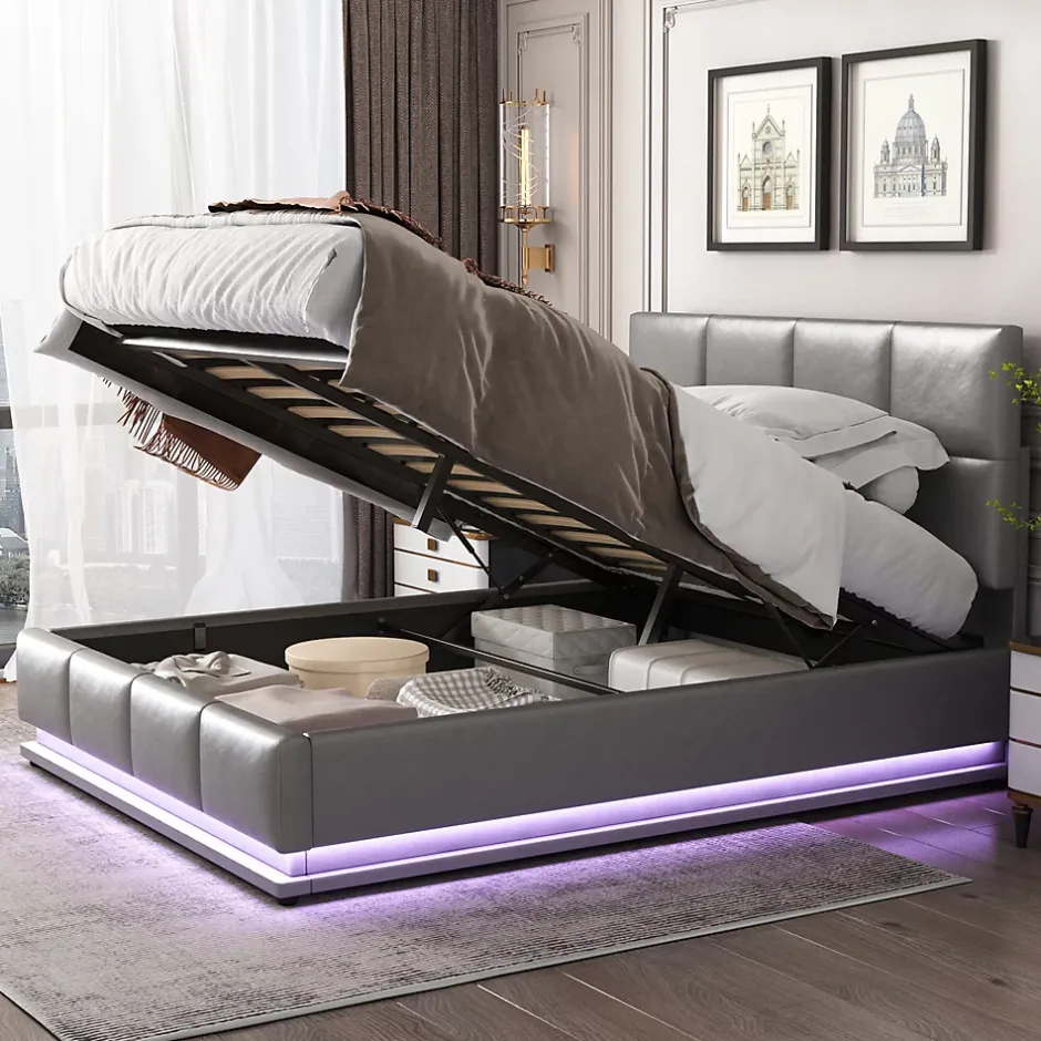 Redom Lit 140x200 cm avec rangement hydraulique et éclairage LED, tapissé simili cuir gris, cadre métal robuste New