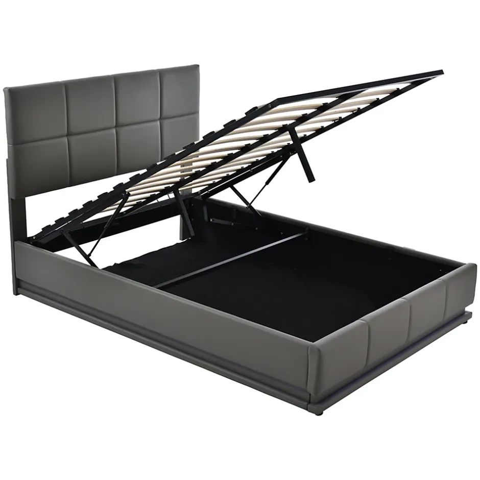 Redom Lit 140x200 cm avec rangement hydraulique et éclairage LED, tapissé simili cuir gris, cadre métal robuste New