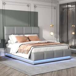 Redom Lit 140x200 cm avec rangement hydraulique et éclairage LED, tapissé simili cuir gris, cadre métal robuste New