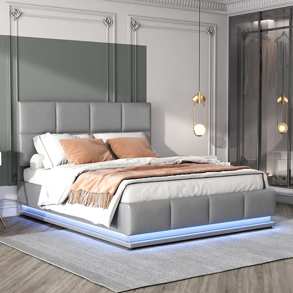 Redom Lit 140x200 cm avec rangement hydraulique et éclairage LED, tapissé simili cuir gris, cadre métal robuste New