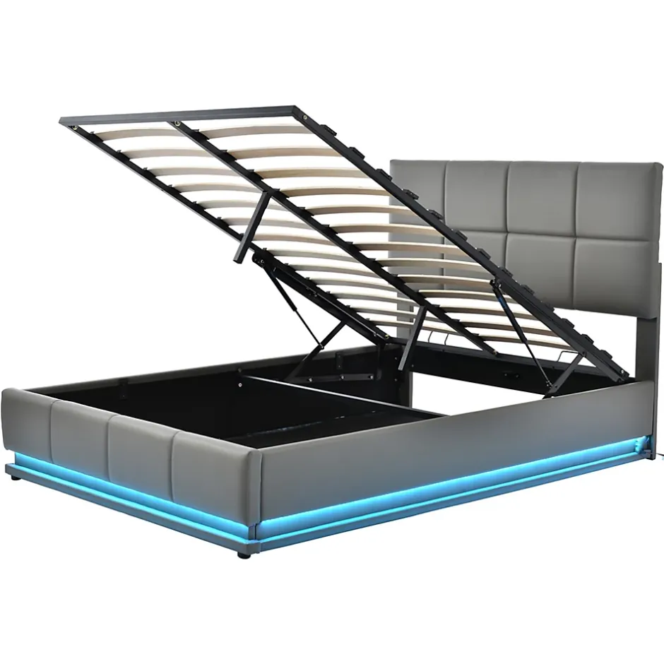 Redom Lit 140x200 cm avec rangement hydraulique et éclairage LED, tapissé simili cuir gris, cadre métal robuste New