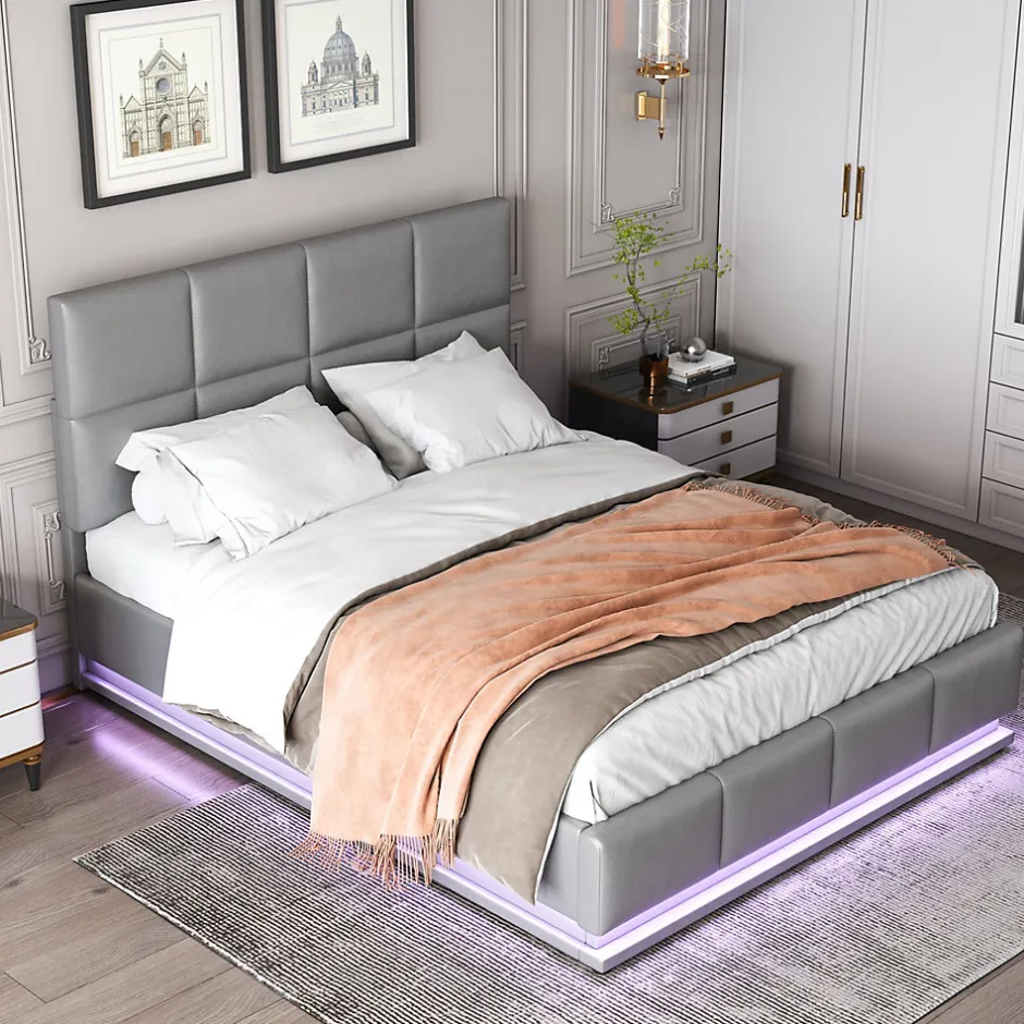 Redom Lit 140x200 cm avec rangement hydraulique et éclairage LED, tapissé simili cuir gris, cadre métal robuste New