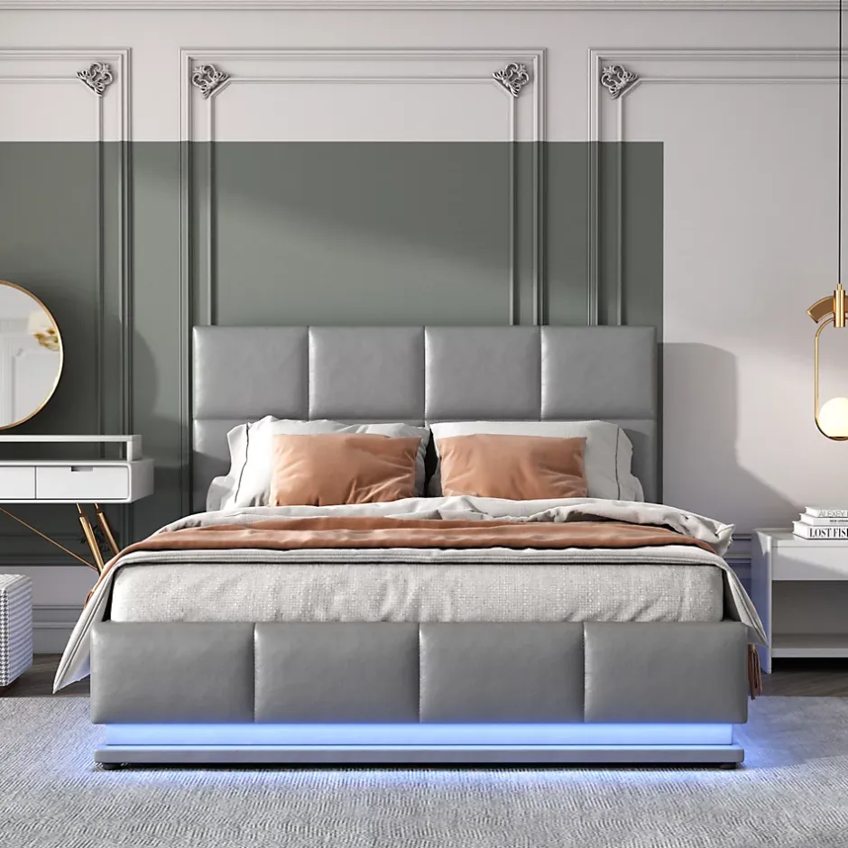 Redom Lit 140x200 cm avec rangement hydraulique et éclairage LED, tapissé simili cuir gris, cadre métal robuste New