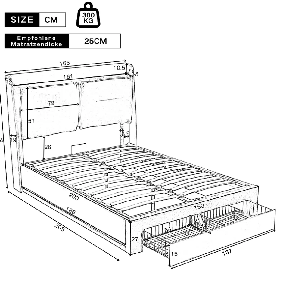 Redom Lit 160x200 cm avec rangement hydraulique, tiroirs 2-en-1, LED intégrées et tête rembourrée en velours gris