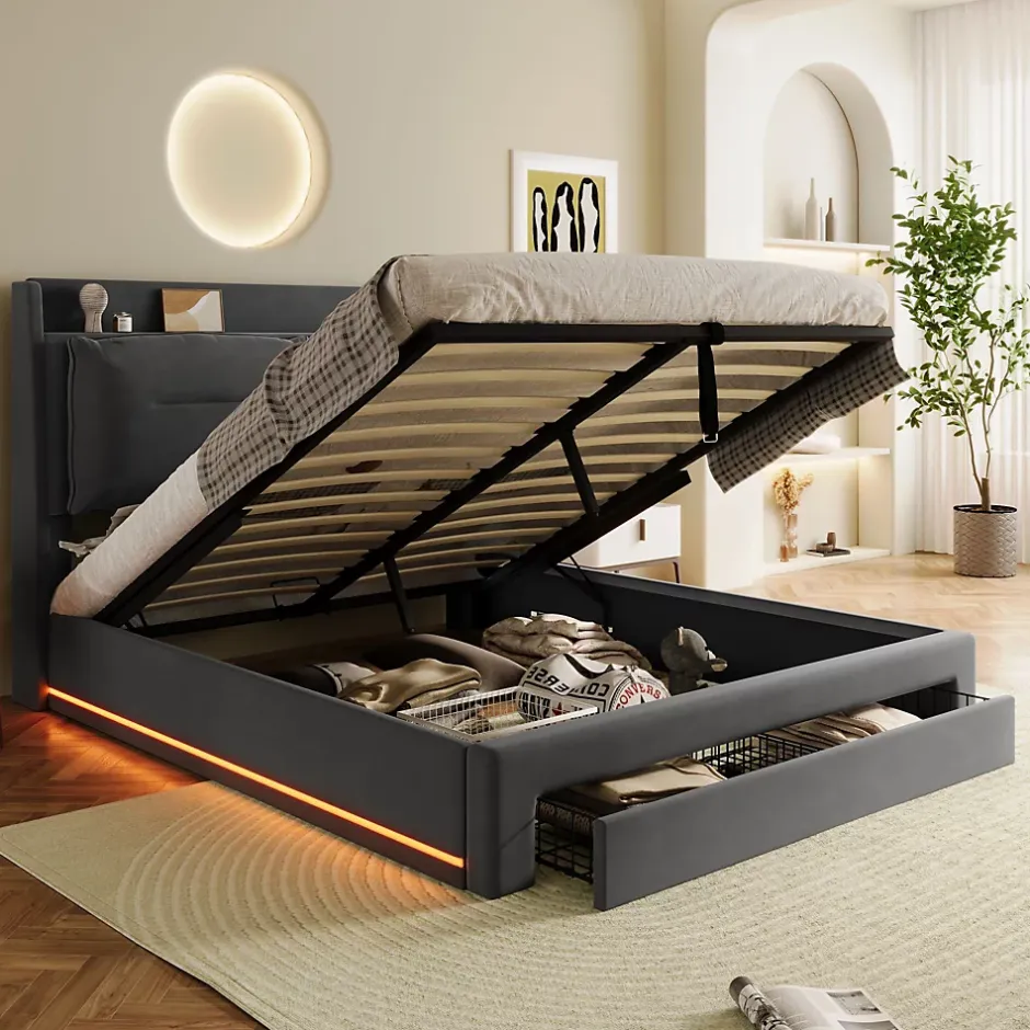 Redom Lit 160x200 cm avec rangement hydraulique, tiroirs 2-en-1, LED intégrées et tête rembourrée en velours gris