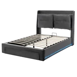 Redom Lit 160x200 cm avec rangement hydraulique, tiroirs 2-en-1, LED intégrées et tête rembourrée en velours gris