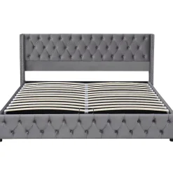 Redom Lit 160x200 cm avec rangement hydraulique et tête de lit capitonnée en velours gris, cadre bois et structure métal Hot