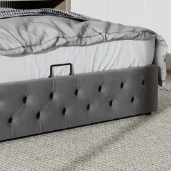 Redom Lit 160x200 cm avec rangement hydraulique et tête de lit capitonnée en velours gris, cadre bois et structure métal Hot