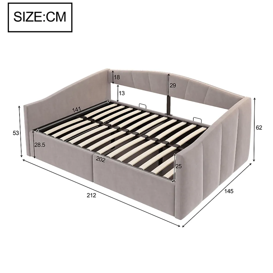 Redom Lit 140x200 cm avec rangement hydraulique et revêtement velours gris clair, convertible, design contemporain New