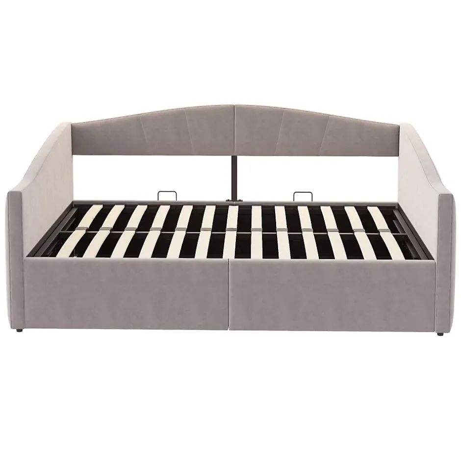 Redom Lit 140x200 cm avec rangement hydraulique et revêtement velours gris clair, convertible, design contemporain New