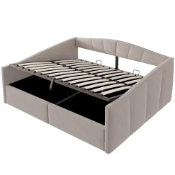 Redom Lit 140x200 cm avec rangement hydraulique et revêtement velours gris clair, convertible, design contemporain New