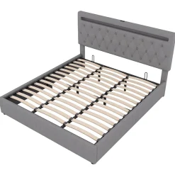 Redom Lit 180x200 cm avec rangement hydraulique et tête de lit tapissée en lin gris, éclairage LED pilotable Hot