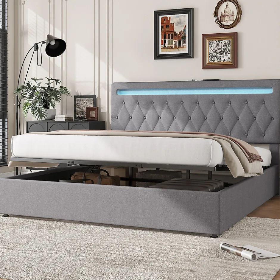 Redom Lit 180x200 cm avec rangement hydraulique et tête de lit tapissée en lin gris, éclairage LED pilotable Hot