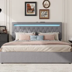 Redom Lit 180x200 cm avec rangement hydraulique et tête de lit tapissée en lin gris, éclairage LED pilotable Hot