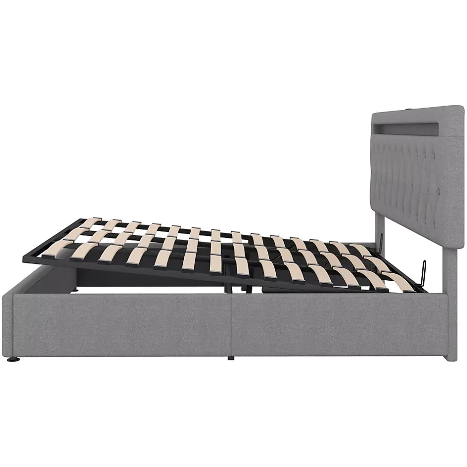 Redom Lit 180x200 cm avec rangement hydraulique et tête de lit tapissée en lin gris, éclairage LED pilotable Hot