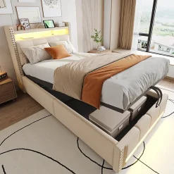 Redom Lit 90x200 cm avec rangement hydraulique, tête de lit étagères, LED multicolore et prise USB, tapissé lin beige