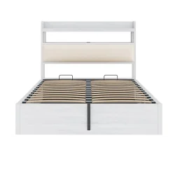 Redom Lit 140x200 cm avec rangement hydraulique intégré, tête de lit rembourrée et cadre métal bois blanc vintage New
