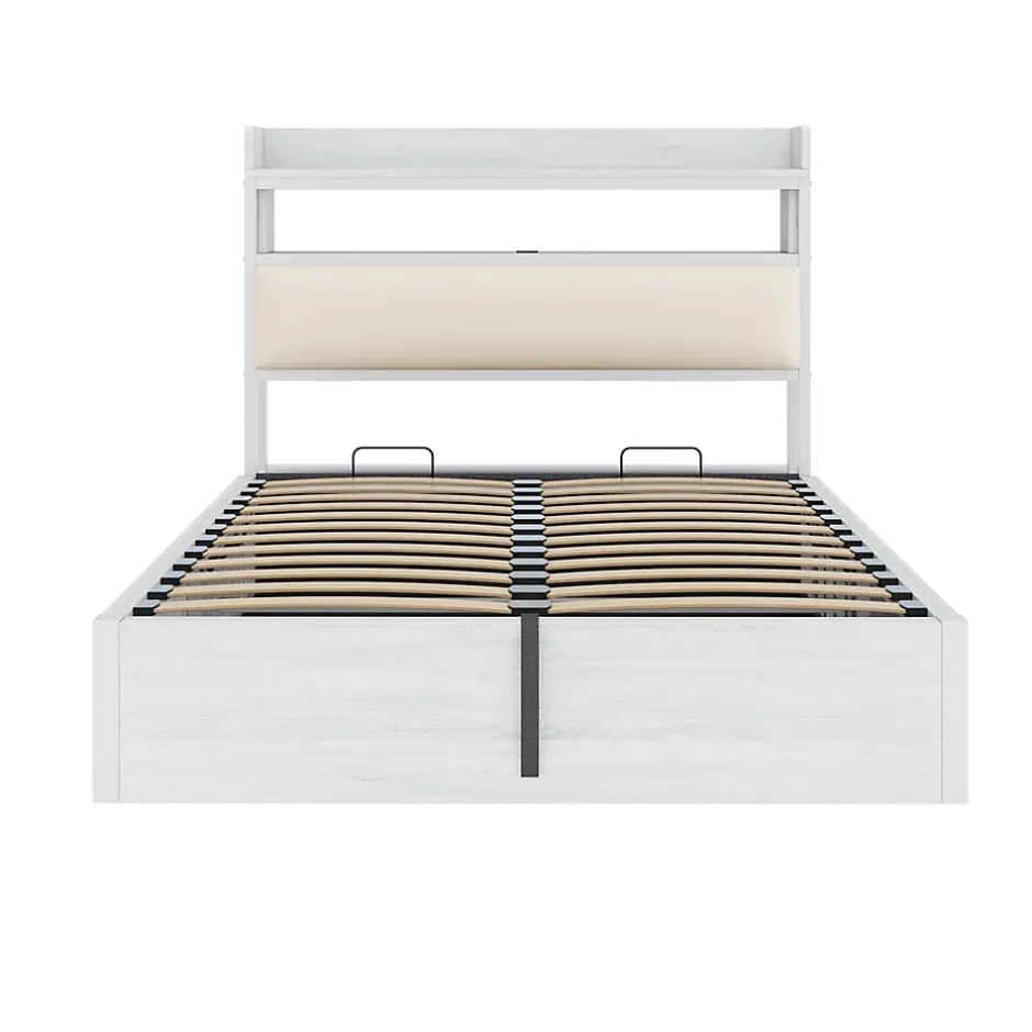 Redom Lit 140x200 cm avec rangement hydraulique intégré, tête de lit rembourrée et cadre métal bois blanc vintage New