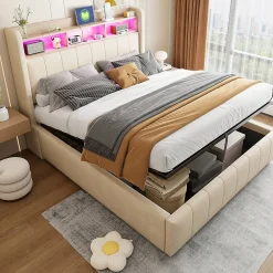 Redom Lit 140x200 cm avec rangement hydraulique et tête de lit LED, revêtu de lin beige au design contemporain