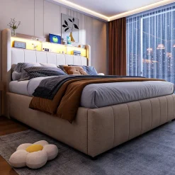 Redom Lit 140x200 cm avec rangement hydraulique et tête de lit LED, revêtu de lin beige au design contemporain