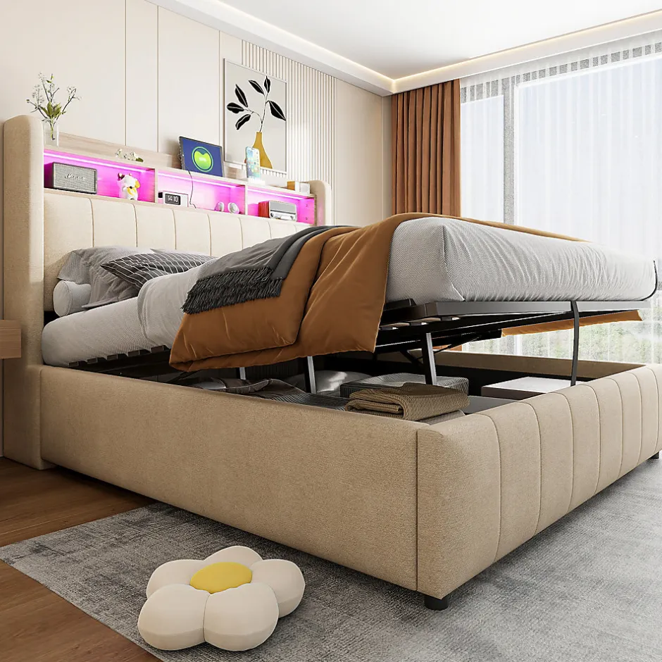 Redom Lit 140x200 cm avec rangement hydraulique et tête de lit LED, revêtu de lin beige au design contemporain