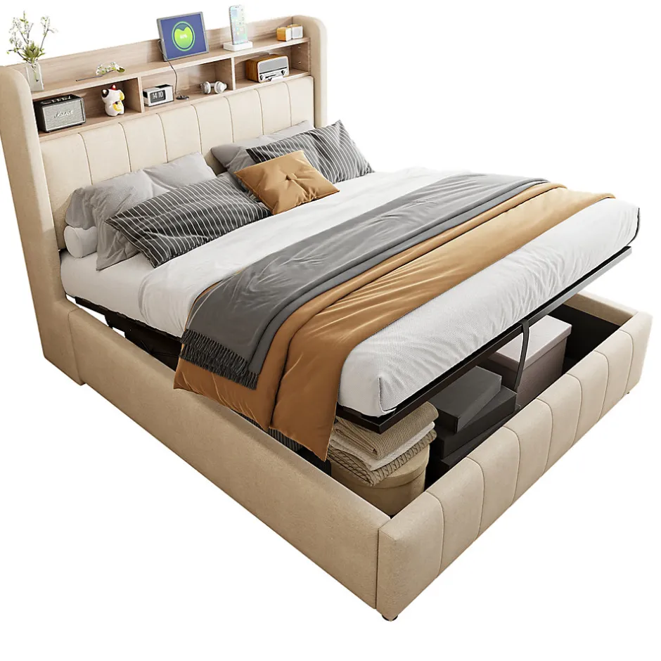 Redom Lit 140x200 cm avec rangement hydraulique et tête de lit LED, revêtu de lin beige au design contemporain