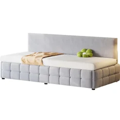 Redom Lit 90x200 cm avec rangement hydraulique, tapissé velours gris clair, sans accoudoirs, design moderne Sale
