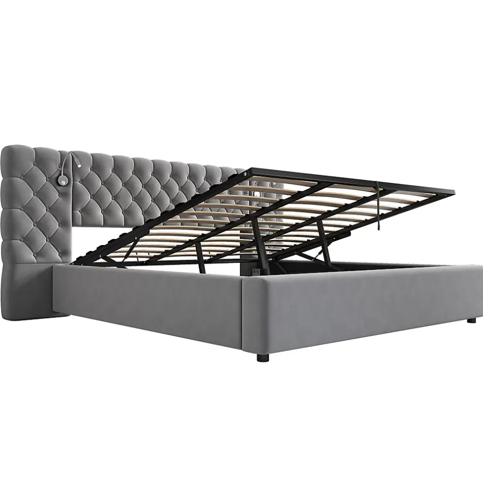 Redom Lit 180x200 cm avec rangement hydraulique, tête de lit capitonnée en velours gris et liseuse intégrée Sale