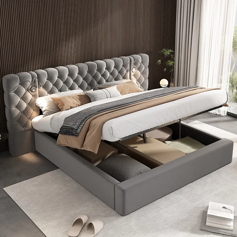 Redom Lit 180x200 cm avec rangement hydraulique, tête de lit capitonnée en velours gris et liseuse intégrée Sale