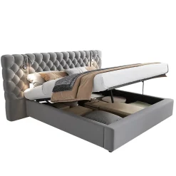 Redom Lit 180x200 cm avec rangement hydraulique, tête de lit capitonnée en velours gris et liseuse intégrée Sale