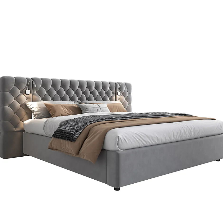 Redom Lit 180x200 cm avec rangement hydraulique, tête de lit capitonnée en velours gris et liseuse intégrée Sale