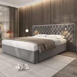 Redom Lit 180x200 cm avec rangement hydraulique, tête de lit capitonnée en velours gris et liseuse intégrée Sale