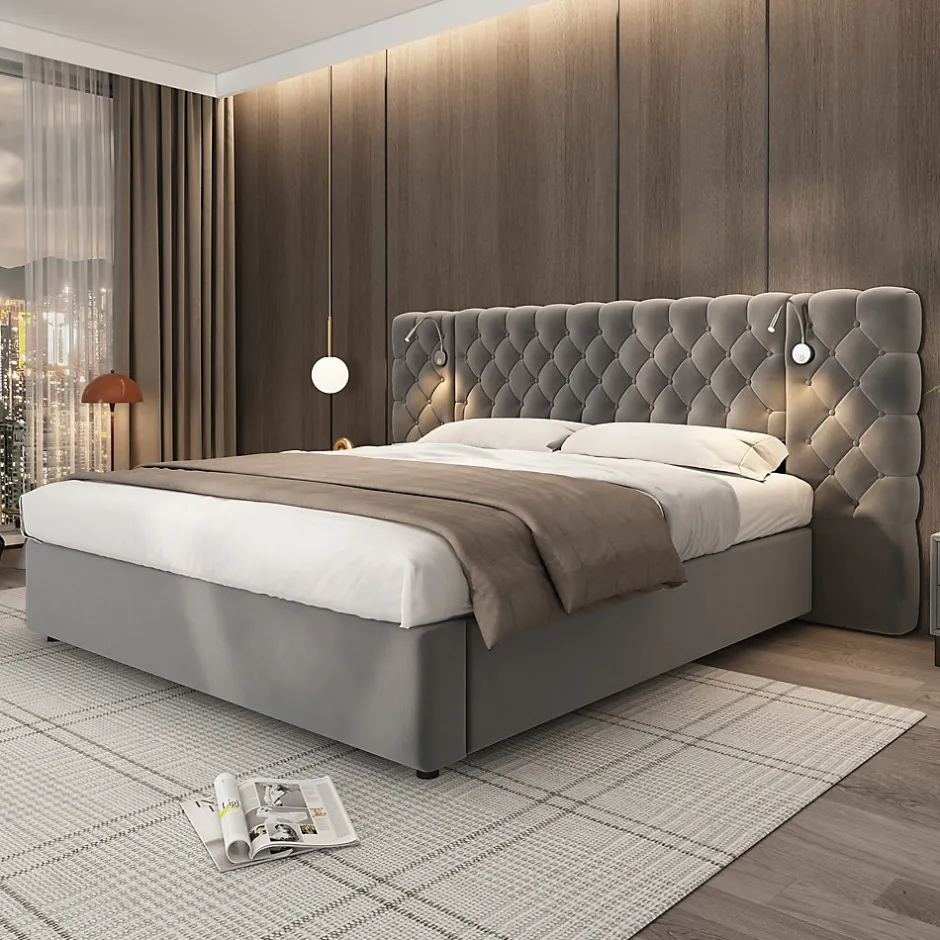 Redom Lit 180x200 cm avec rangement hydraulique, tête de lit capitonnée en velours gris et liseuse intégrée Sale